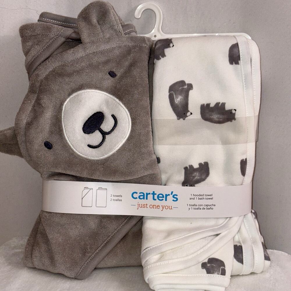 Carter’s 2-Pack Towel Set Bear Hooded Towel + Bath Towel Baby Toddler Kids NEW